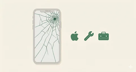 iPhone with cracked screen showing spider-web fracture pattern, with repair option icons for Apple Store, third-party shop, and DIY