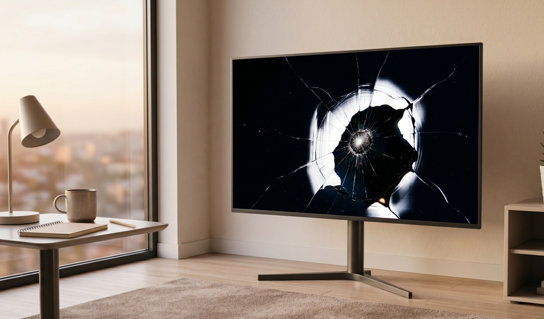 Large flat-screen TV with a cracked display showing black ink-bleeding and spider-web fracture pattern