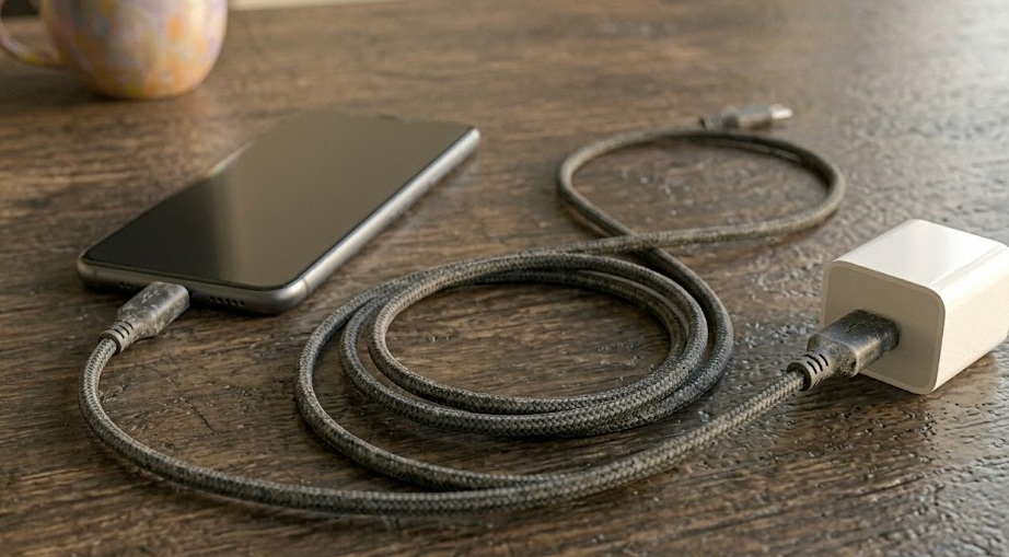 USB-C cable laid out on a desk showing its full length with a phone charging at one end