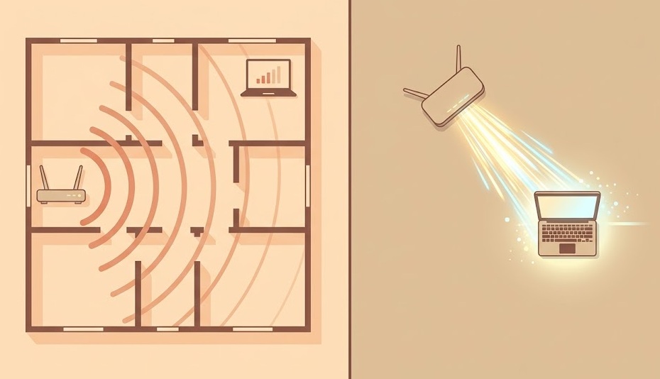 Diagram comparing 2.4GHz and 5GHz Wi-Fi signal coverage range and speed differences
