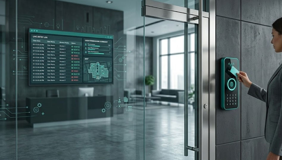 Access control system panel with keycard reader and biometric scanner at building entrance