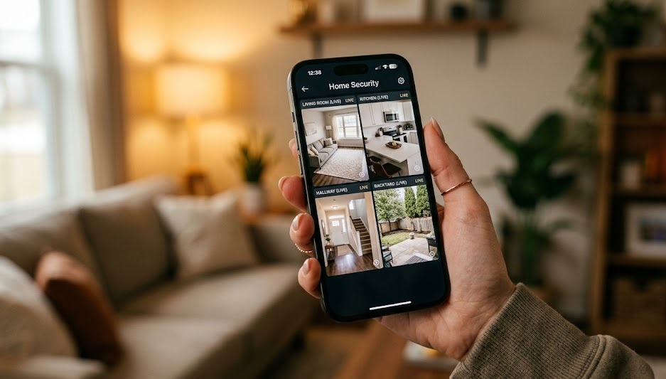 Smartphone showing security camera live feed app with multiple camera views