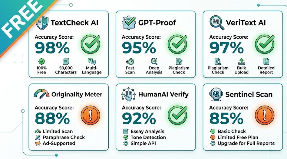 Comparison chart of the best free AI detection tools in 2026