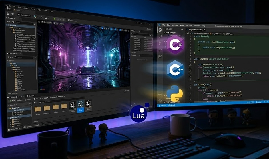 Split view of game engine editor and code showing multiple programming languages used in game development