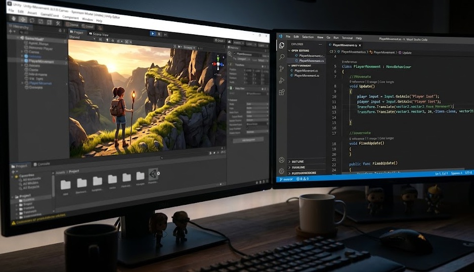 Unity editor open with a 3D game scene and C# script visible in Visual Studio Code