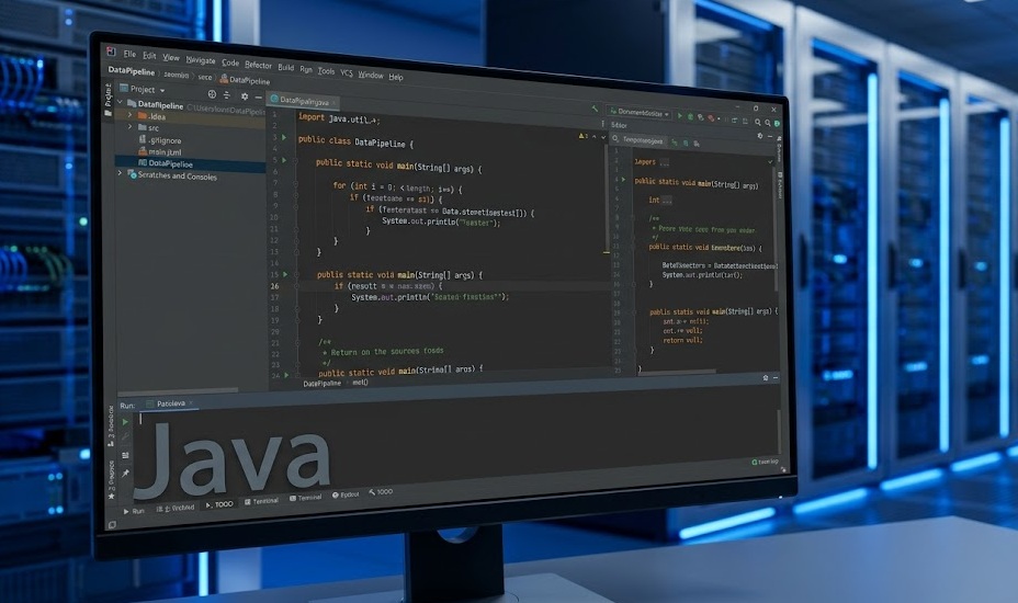 Java code on a dark IDE screen with enterprise server infrastructure in the background