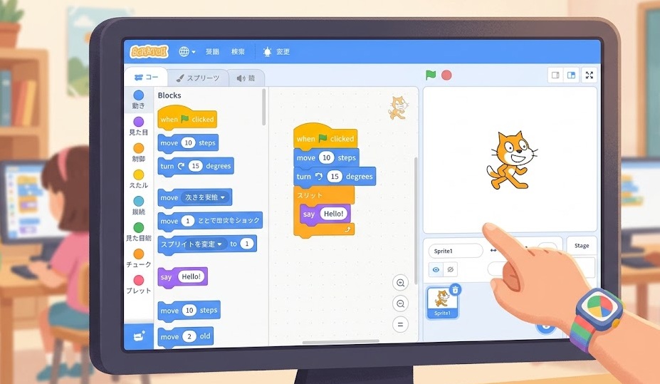 Colorful Scratch block coding interface with a cat sprite and beginner game project
