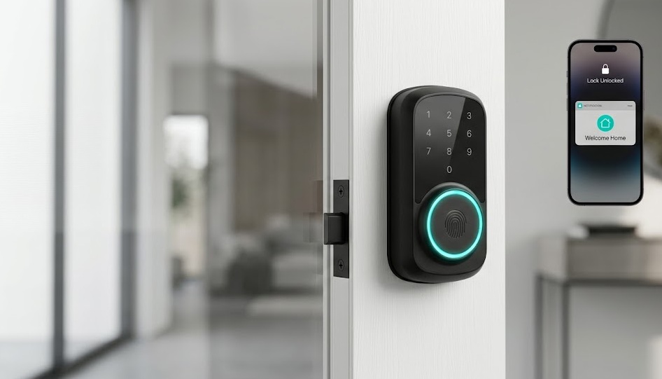 Fingerprint door lock on a modern front door with smartphone app integration
