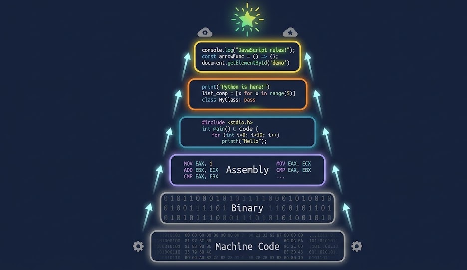 Abstract layered diagram showing the spectrum from machine code to high level Python and JavaScript