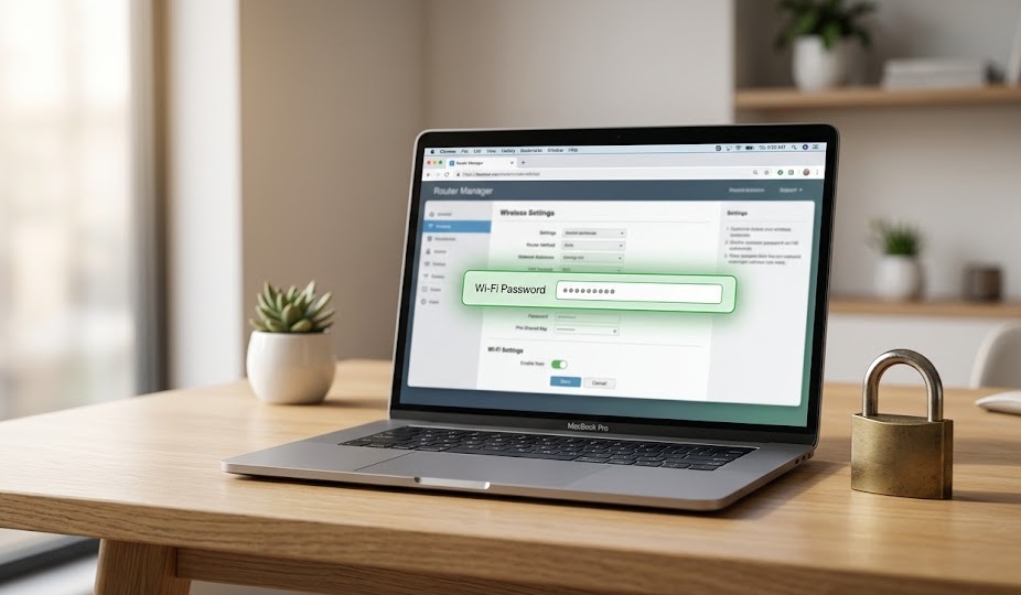 Router admin panel showing the Wi-Fi password field and WPA2 security protocol settings