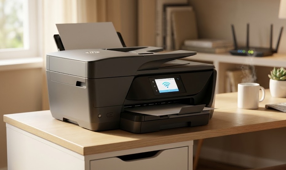 HP printer wireless setup screen showing Wi-Fi network connection options and settings