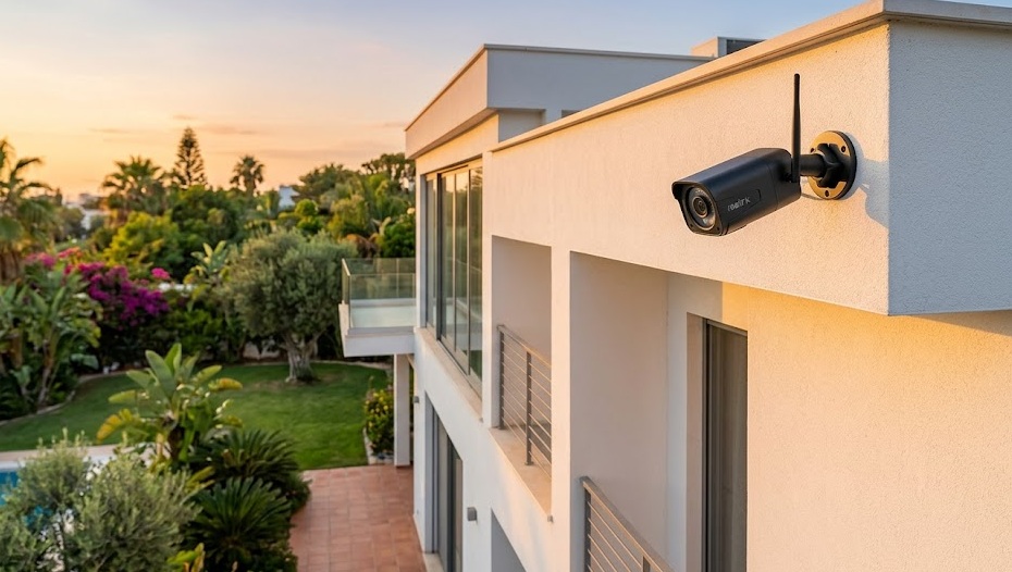 IP security camera mounted outdoors on a house corner with network stream visualization