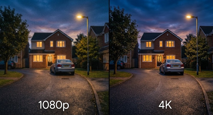 Side-by-side comparison of 1080p and 4K security camera footage showing face detail differences
