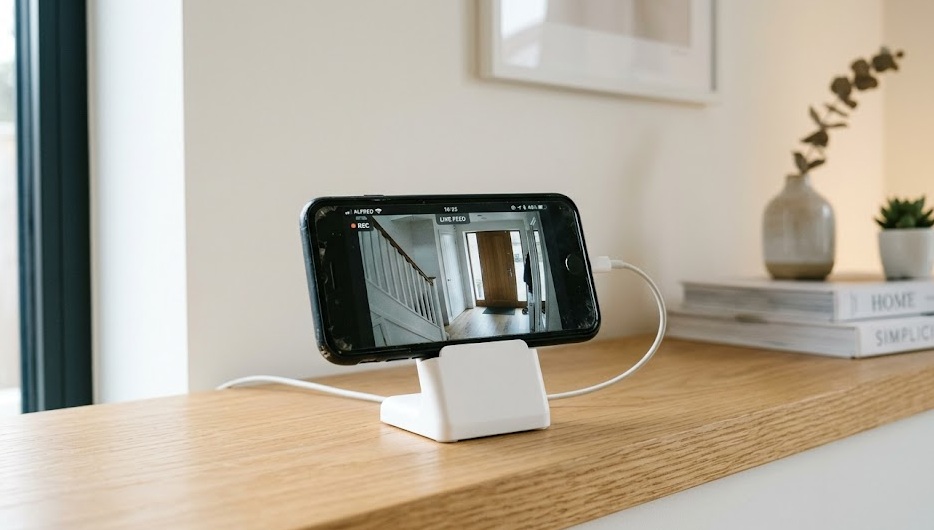 Old smartphone mounted on a shelf functioning as a home security camera