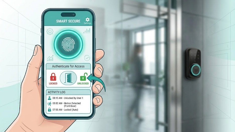 Smartphone showing security lock app with biometric authentication and app protection dashboard
