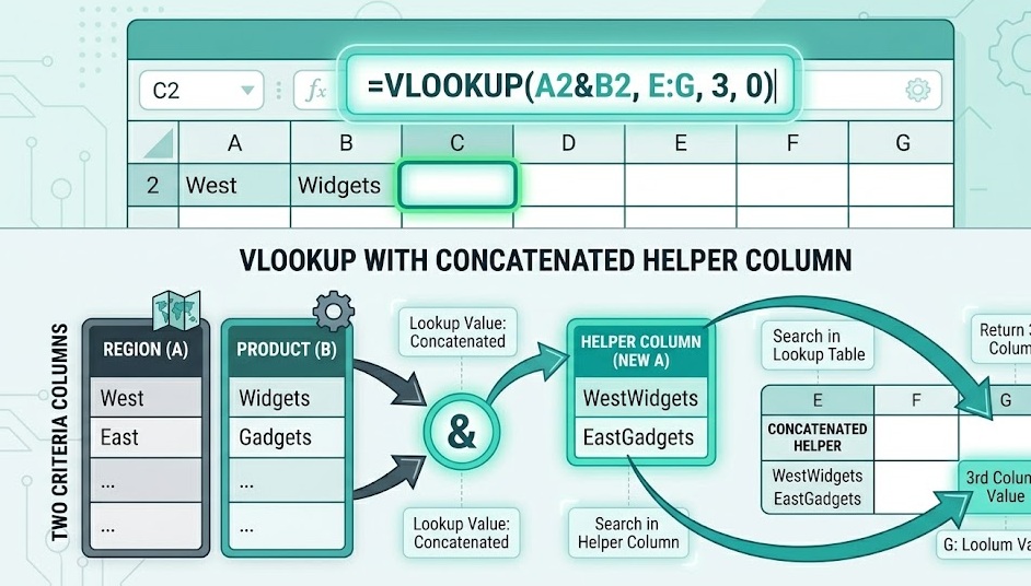 Excel spreadsheet showing VLOOKUP combined with AND logic across multiple columns