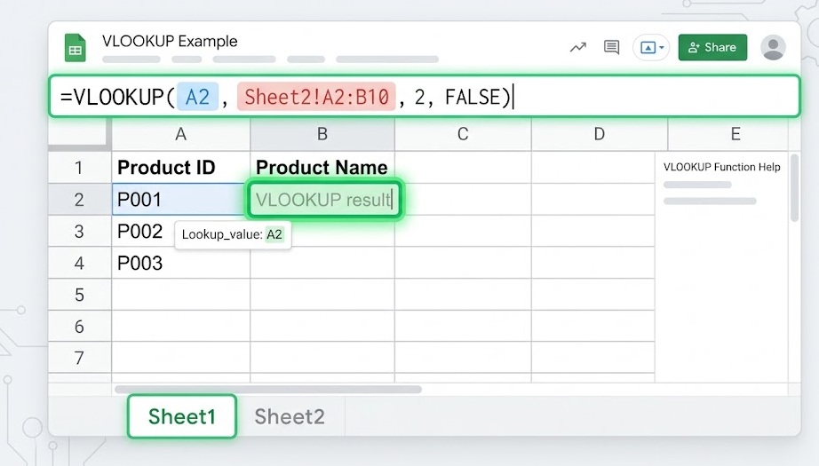 Google Sheets browser tab open with VLOOKUP formula entered and result displayed