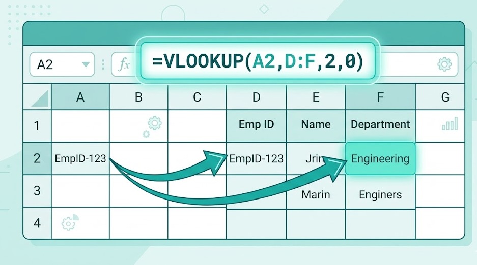 Excel spreadsheet showing a VLOOKUP formula with highlighted lookup column and result cell