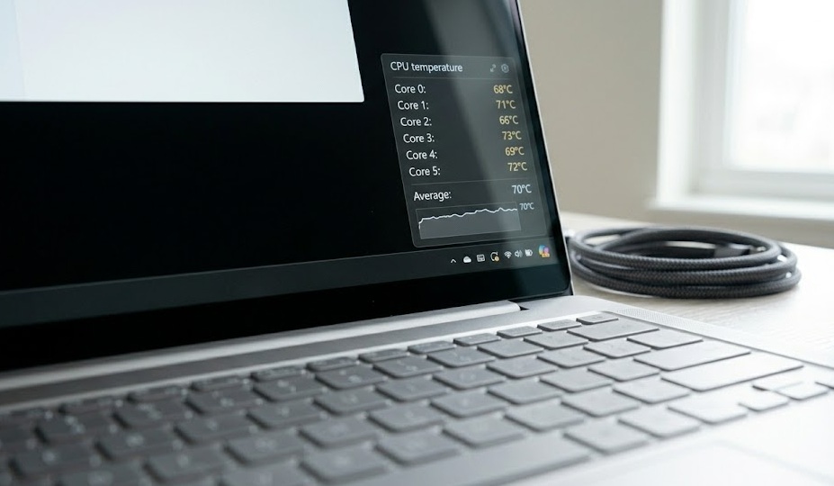 Laptop screen showing CPU temperature monitoring software with core temperature readings