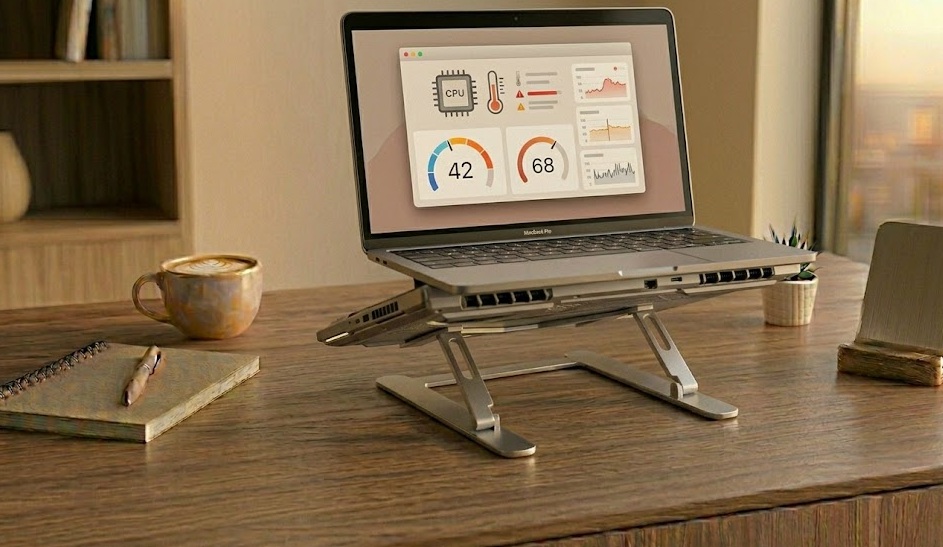 Laptop CPU temperature monitoring with HWMonitor showing core temperature readings