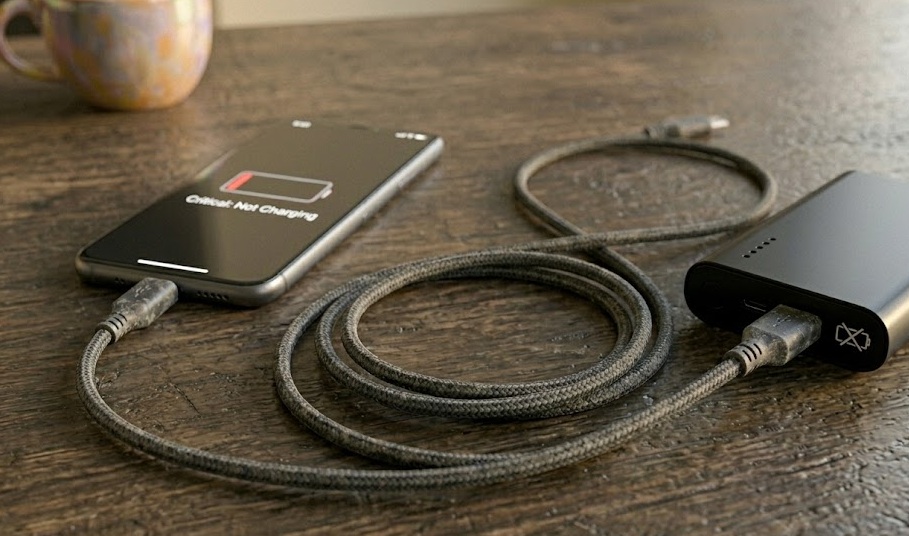Power bank connected to smartphone via cable with low battery indicator on screen