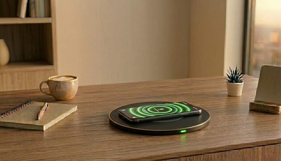 Samsung phone on a fast wireless charger with charging animation visible on the screen and clean desk setup