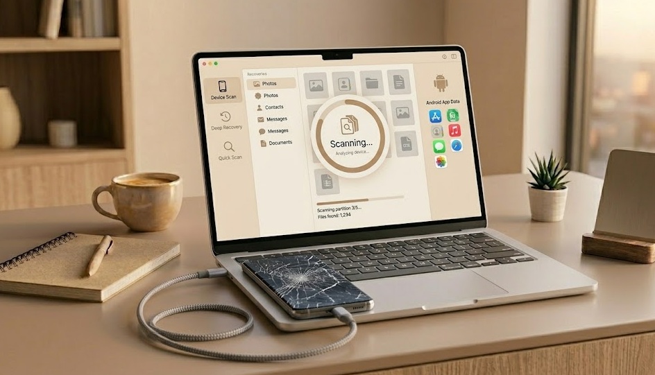 Android smartphone with cracked screen connected to a laptop via USB cable with file recovery interface on screen