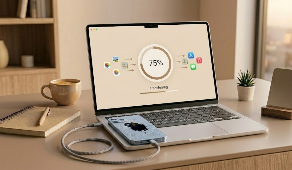 Broken iPhone with shattered screen connected via USB cable to a MacBook with data transfer visible on screen