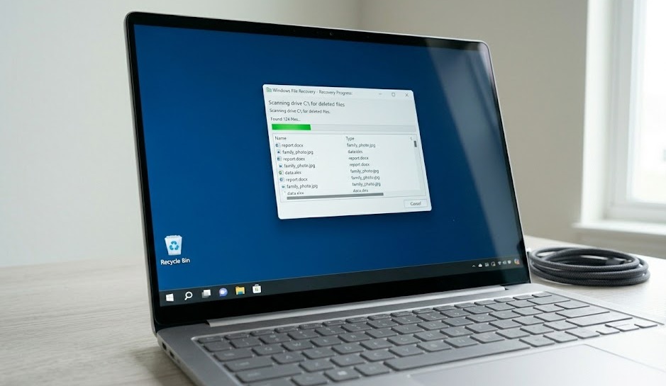 Windows Recycle Bin icon on desktop with a file recovery dialog box open