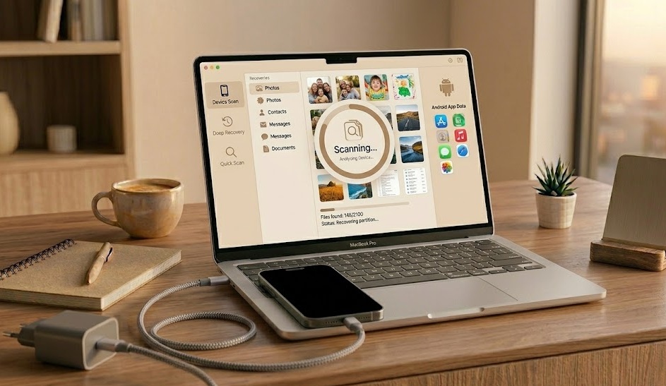 Non-responsive smartphone connected to a charger on a desk with a laptop nearby showing recovery software