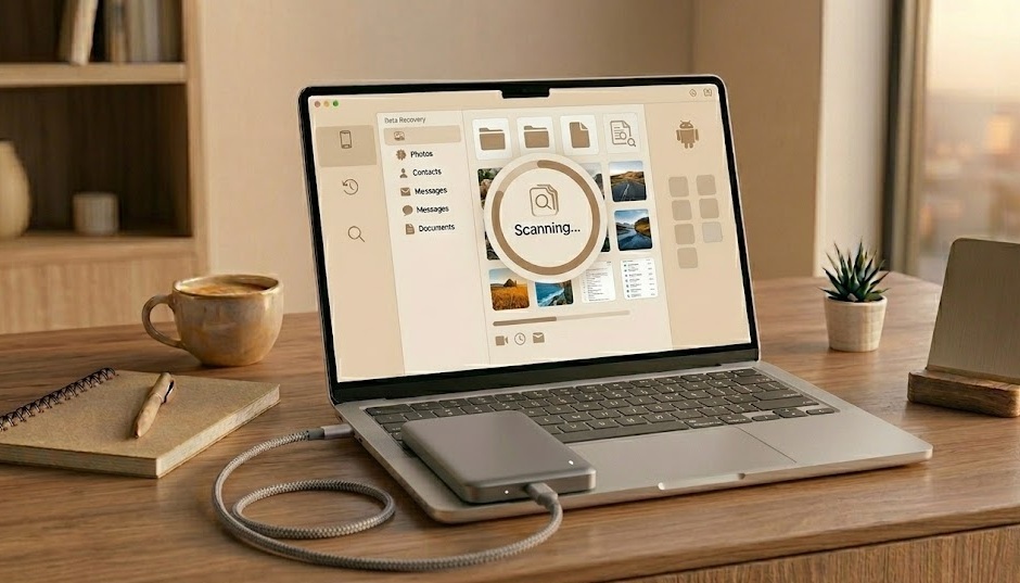 MacBook open on a clean desk with a data recovery application on screen and an external hard drive connected via USB-C