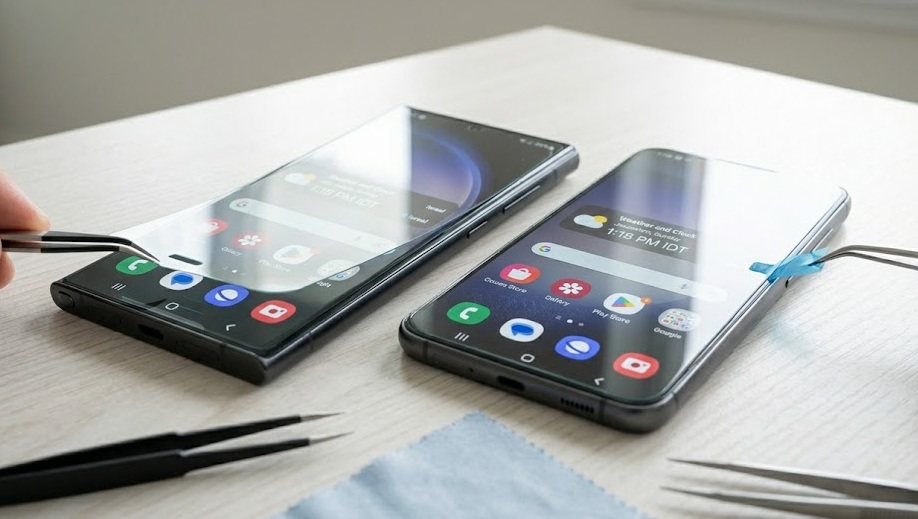 Two Samsung Galaxy smartphones placed side by side for comparison on a clean surface