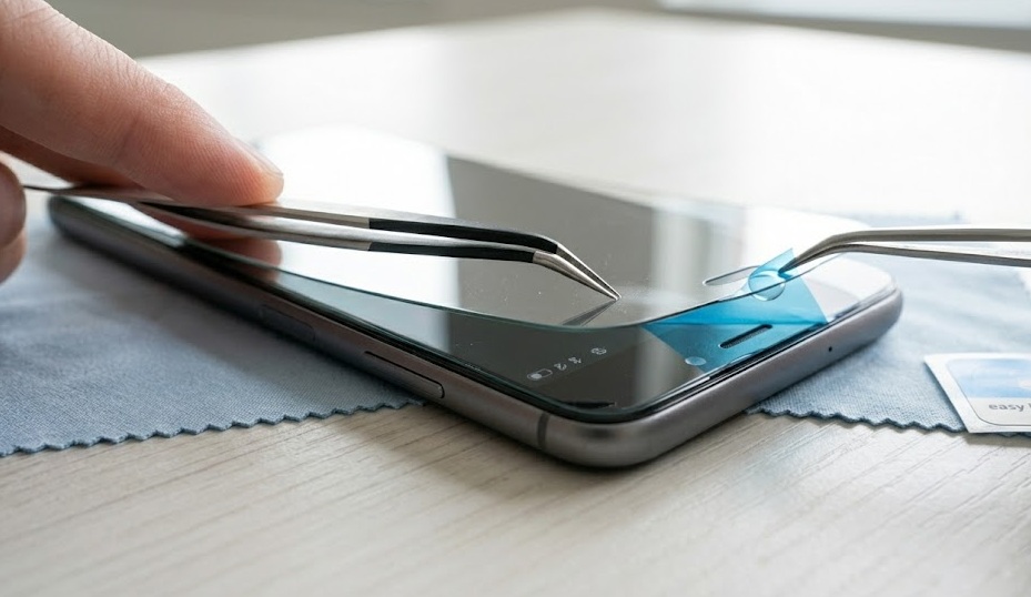 Smartphone with tempered glass screen protector being applied next to a protective phone case on a clean desk