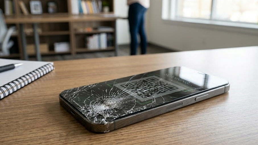 Smartphone lying face-up with a shattered screen showing spider-web fracture pattern and LCD bleeding from the impact point