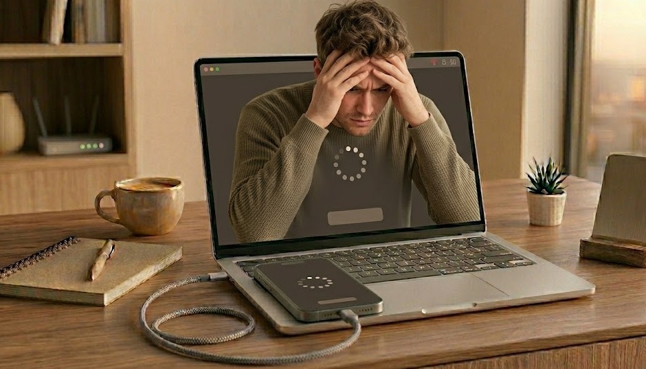 Person looking at a slow laptop with a loading spinner on screen and a WiFi router visible nearby