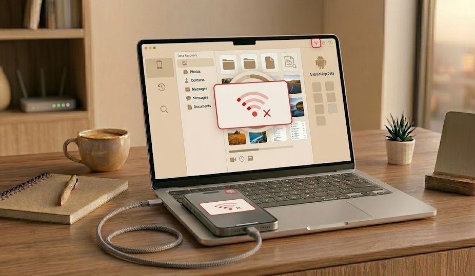 Laptop showing weak WiFi signal bars on a desk with a router visible in the background