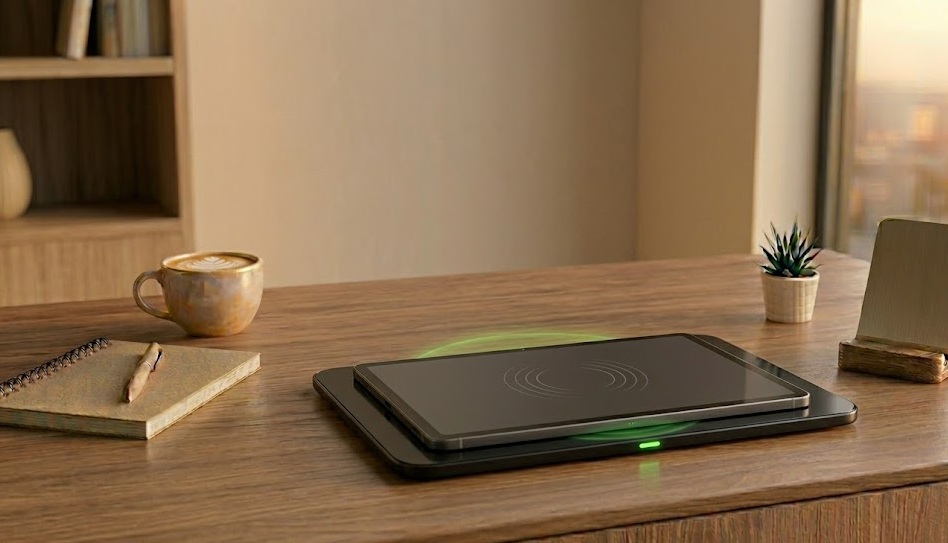 Samsung tablet lying flat on a wireless charging pad on a clean desk with charging indicator light visible
